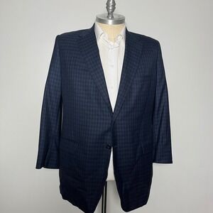 Royal Classic Blazer Mens 44L Navy Blue Plaid Two Button Notch Lapel Vintage